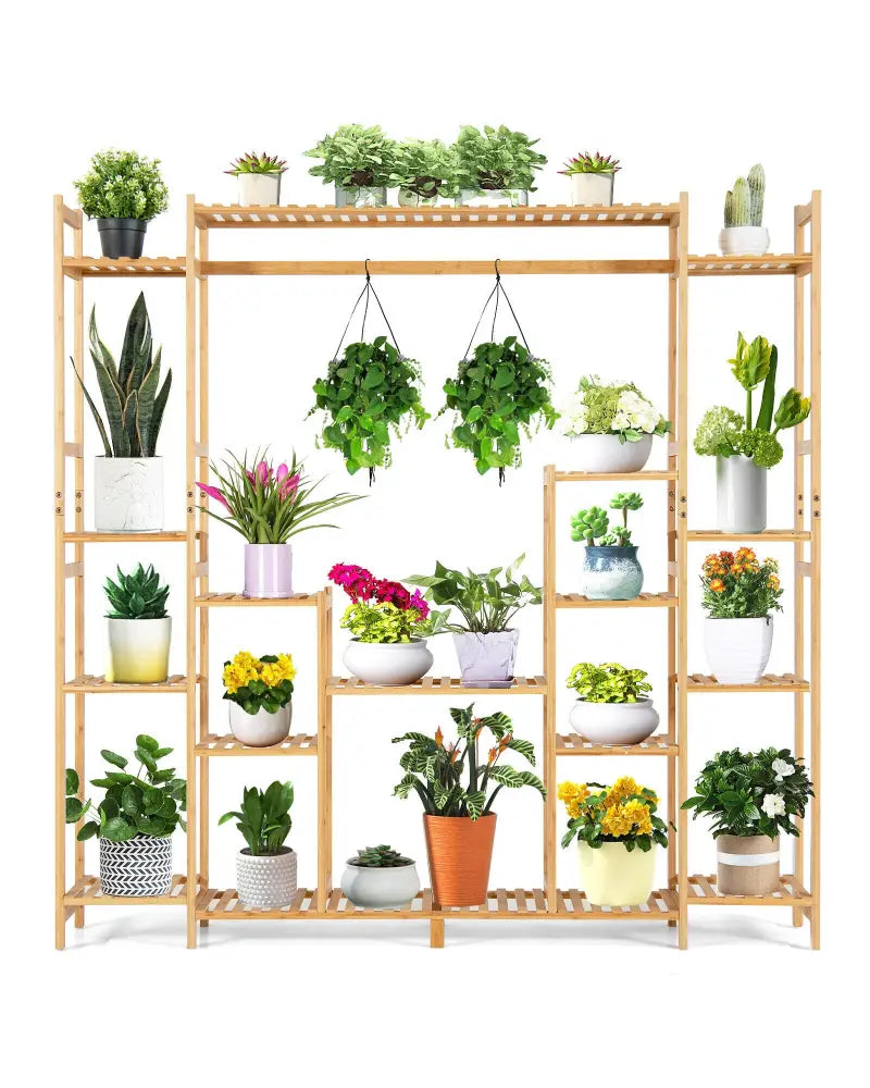 9-Tier Bamboo Plant Stand with Hanging Rack - Natural - Plant Stands