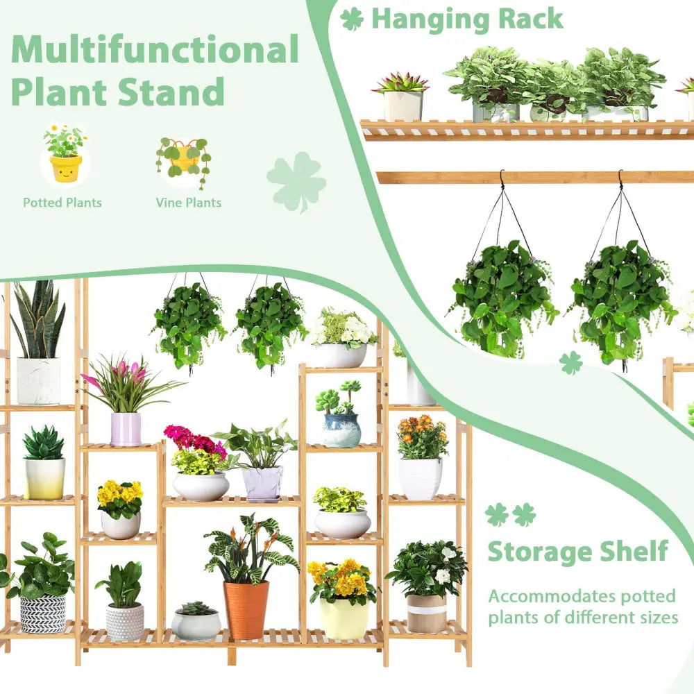 9-Tier Bamboo Plant Stand with Hanging Rack - Natural - Plant Stands