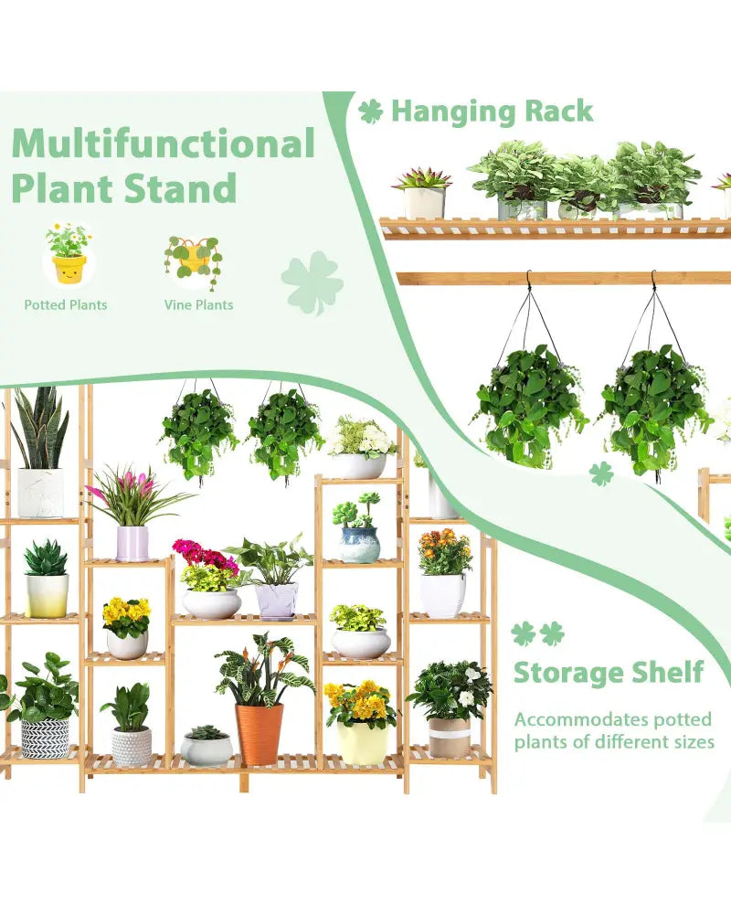 9-Tier Bamboo Plant Stand with Hanging Rack - Natural - Plant Stands