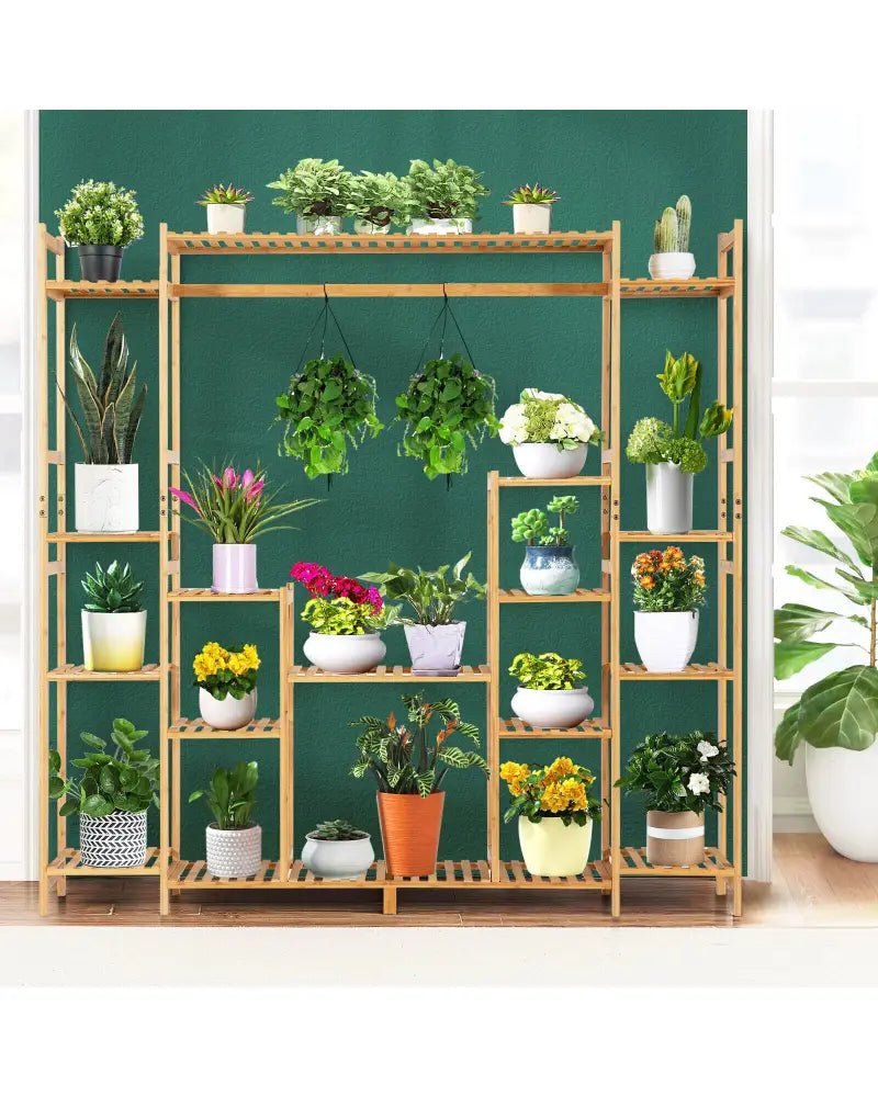 9-Tier Bamboo Plant Stand with Hanging Rack - Natural - Plant Stands
