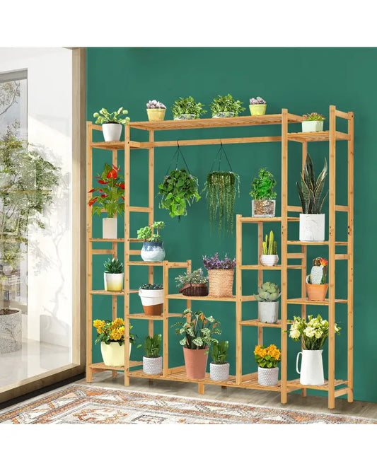 9-Tier Bamboo Plant Stand with Hanging Rack - Natural - Plant Stands