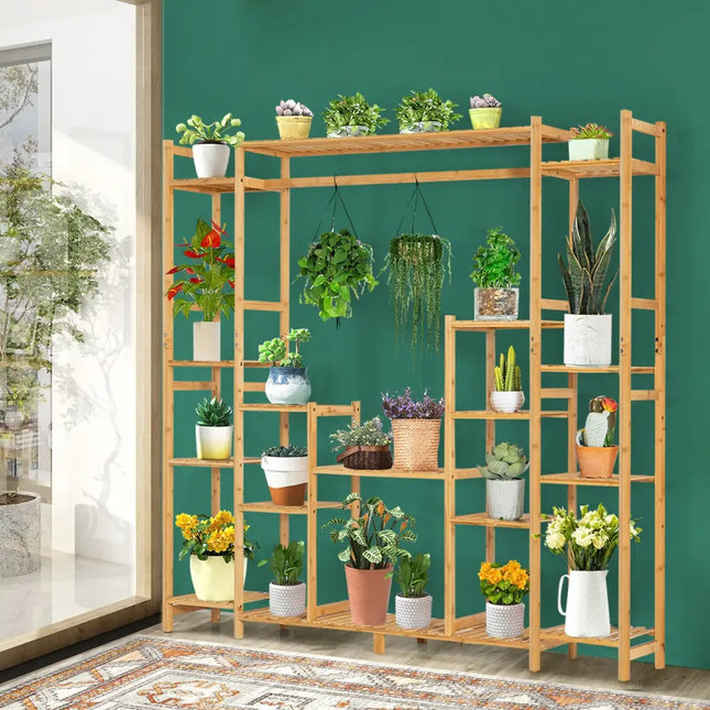 9-Tier Bamboo Plant Stand with Hanging Rack - Natural - Plant Stands