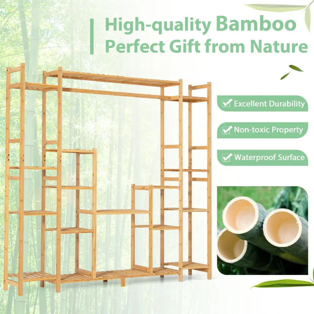 9-Tier Bamboo Plant Stand with Hanging Rack - Natural - Plant Stands
