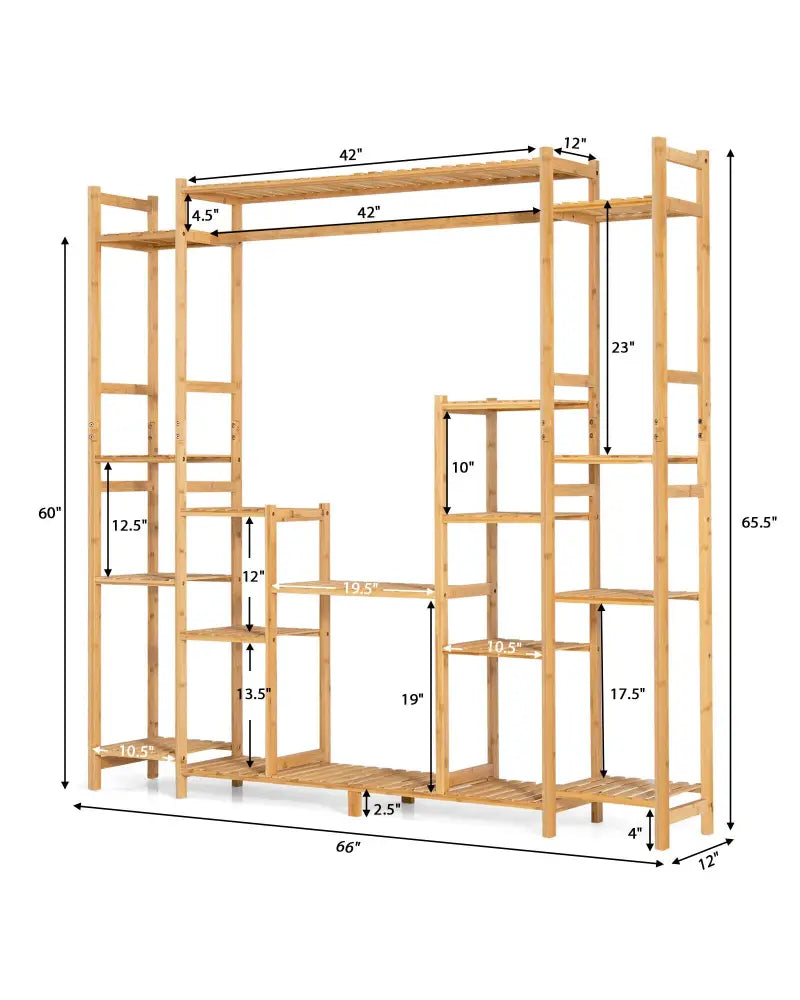 9-Tier Bamboo Plant Stand with Hanging Rack - Natural - Plant Stands