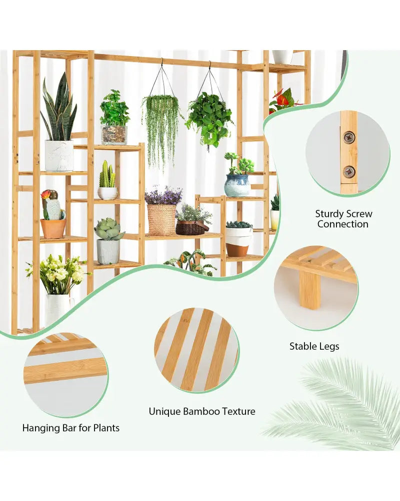 9-Tier Bamboo Plant Stand with Hanging Rack - Natural - Plant Stands
