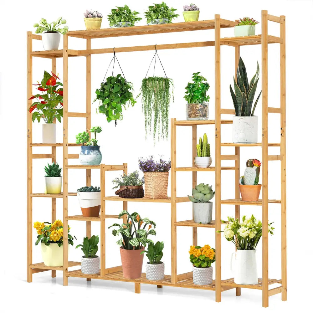 9-Tier Bamboo Plant Stand with Hanging Rack - Natural - Plant Stands