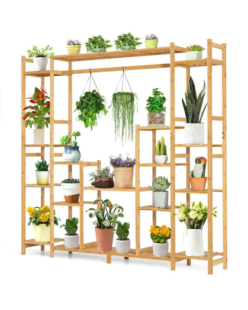 9-Tier Bamboo Plant Stand with Hanging Rack - Natural - Plant Stands