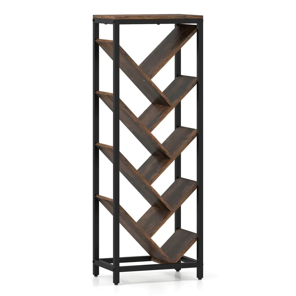 9 - Tier Freestanding Bookcase for Hardcover Books - Rustic Brown - Oasis Home Essentials