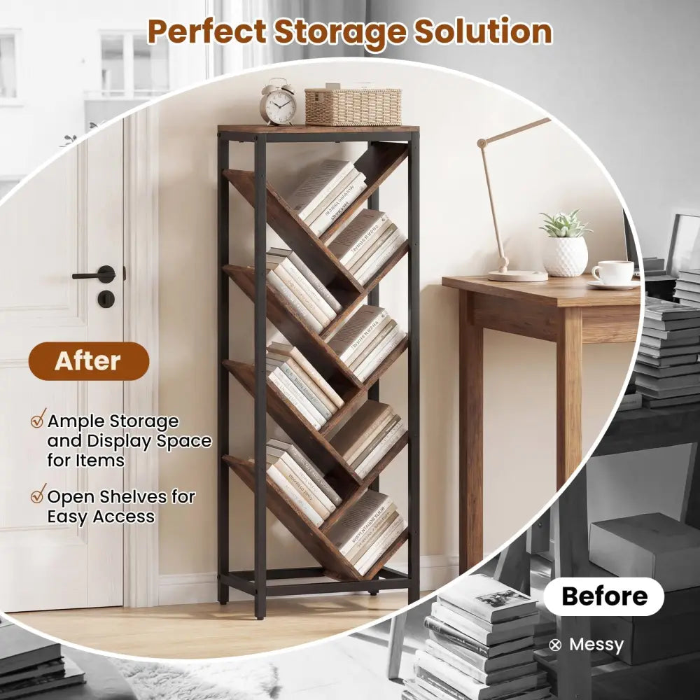 9 - Tier Freestanding Bookcase for Hardcover Books - Rustic Brown - Oasis Home Essentials