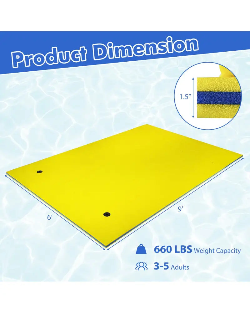 9’ x 6’ 3 Layer Floating Water Pad Foam Mat -Yellow - Yellow - Swimming