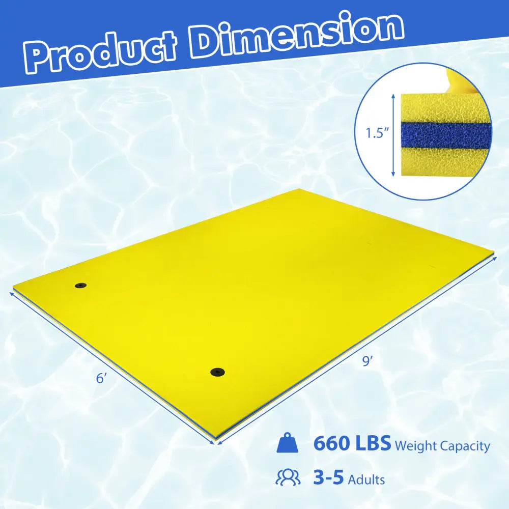 9’ x 6’ 3 Layer Floating Water Pad Foam Mat -Yellow - Yellow - Swimming