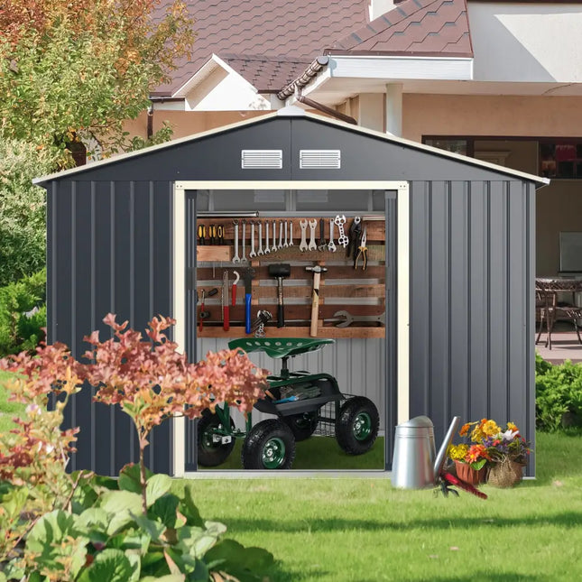 9 x 6 Feet Metal Storage Shed for Garden and Tools-Gray - Gray - Sheds & Outdoor Storage