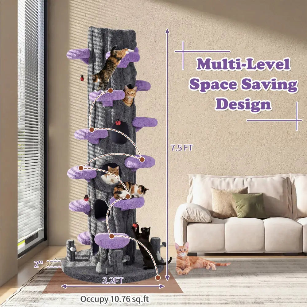 90.5 Inch Tall Multifunctional Cat Tree with Private Condos for Indoor Cats-Purple - Purple - Cat Trees Condos &