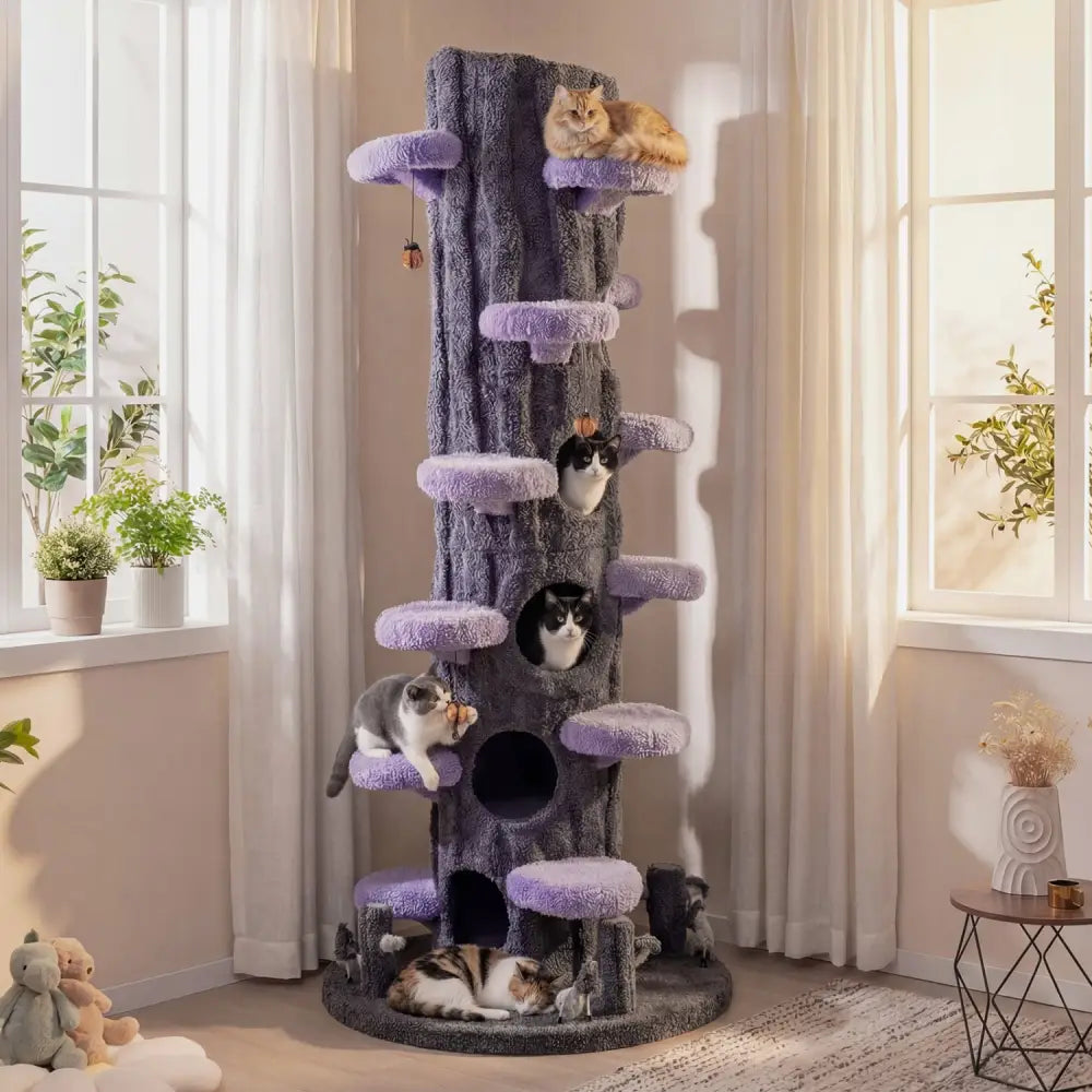 90.5 Inch Tall Multifunctional Cat Tree with Private Condos for Indoor Cats-Purple - Purple - Cat Trees Condos &
