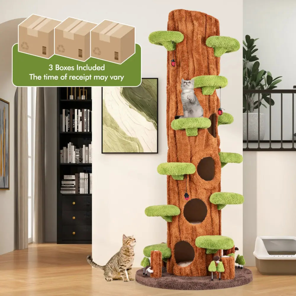 90.5 Inch Tall Multifunctional Cat Tree with Private Condos for Indoor Cats-Brown - Brown - Cat Trees Condos &