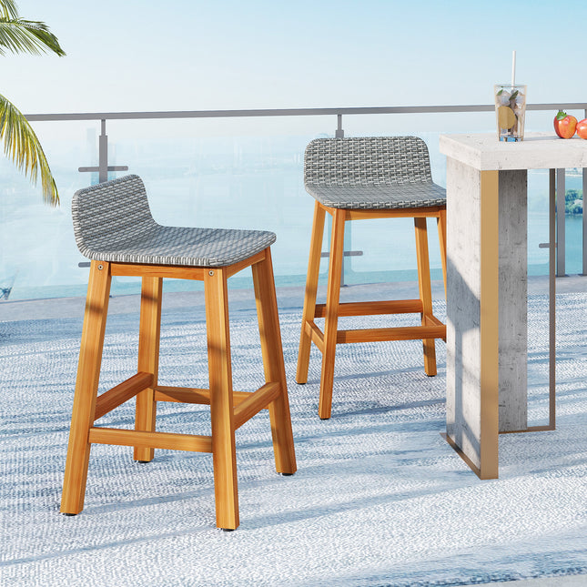 Solid Acacia Wood Bar Stools Set of 2 with Backrests and Footrests for Porch-Gray