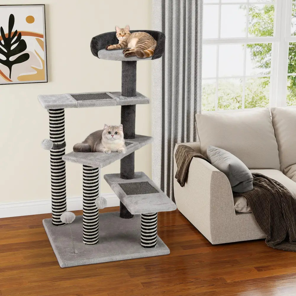 93 CM Tall Cat Tree Kitten Tower with Sisal and Jute Scratching Posts-Gray - Gray - Cat Trees Condos & Scratchers