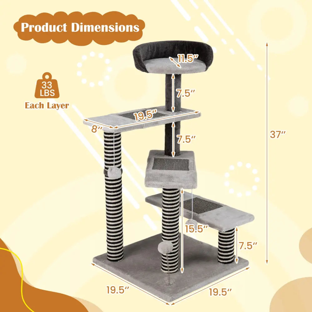 93 CM Tall Cat Tree Kitten Tower with Sisal and Jute Scratching Posts-Gray - Gray - Cat Trees Condos & Scratchers