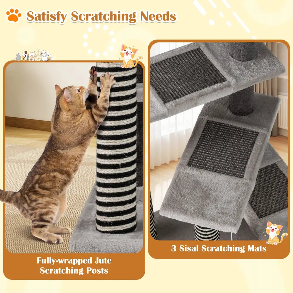 93 CM Tall Cat Tree Kitten Tower with Sisal and Jute Scratching Posts-Gray - Gray - Cat Trees Condos & Scratchers