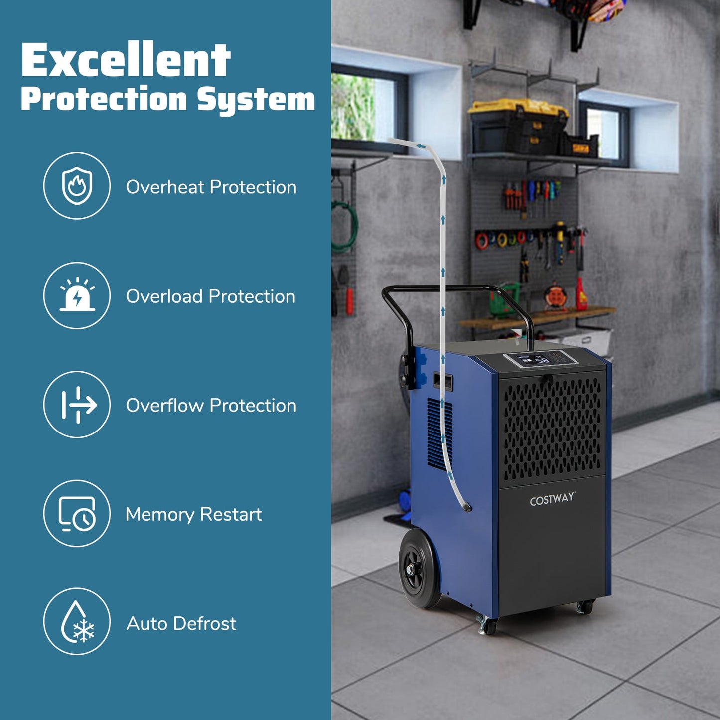 154 Pints Commercial Dehumidifier with Pump and Drain Hoses-Blue