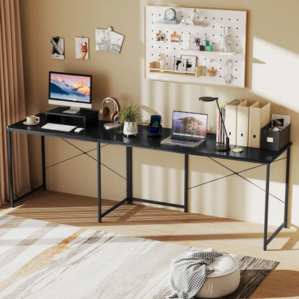 95 Inch 2-Person L-Shaped Long Reversible Computer Desk with Monitor Stand-Black - Black - L-Shaped Desks