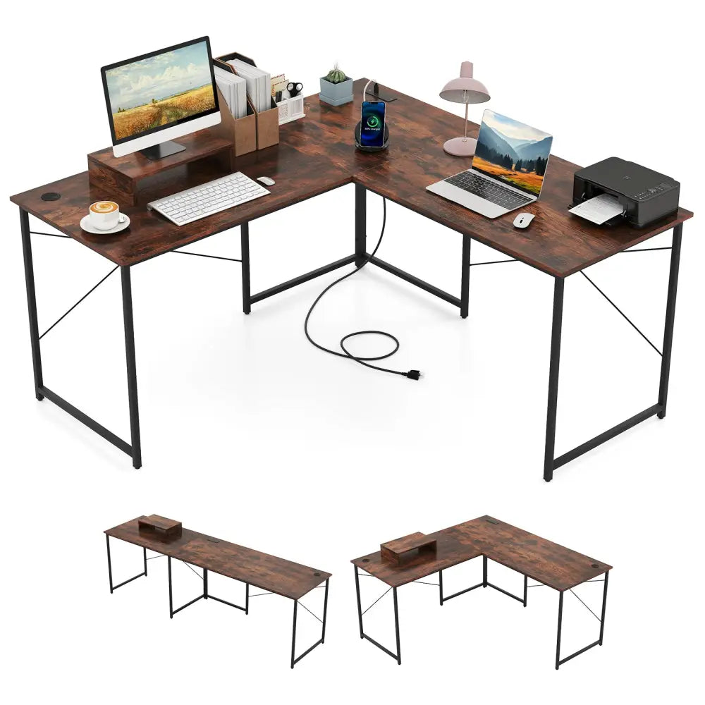 95 Inch 2-Person L-Shaped Long Reversible Computer Desk with Monitor Stand-Rustic Brown - Rustic Brown - L-Shaped Desks