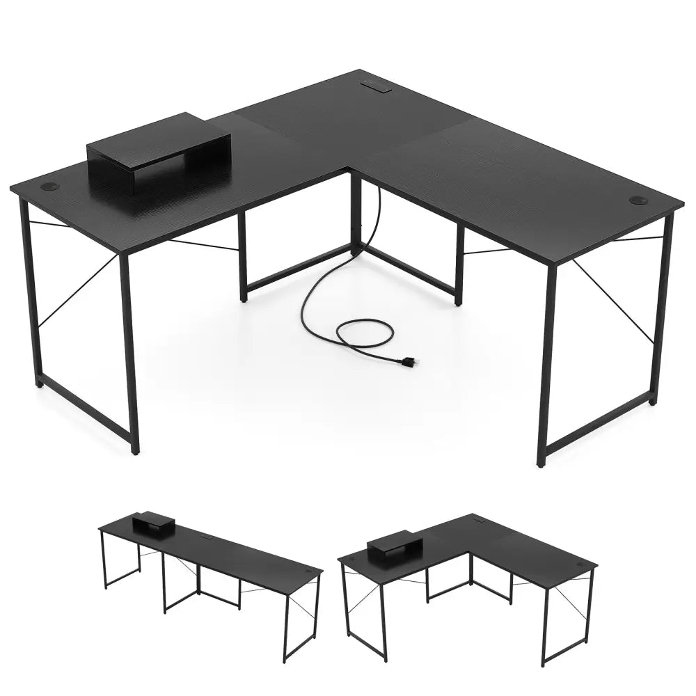 95 Inch 2-Person L-Shaped Long Reversible Computer Desk with Monitor Stand-Black - Black - L-Shaped Desks