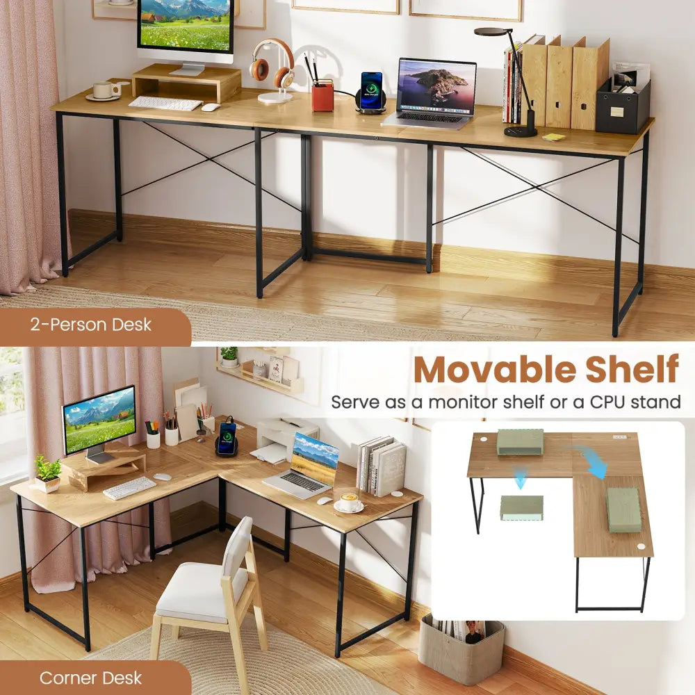 95 Inch 2-Person L-Shaped Long Reversible Computer Desk with Monitor Stand-Natural - Natural - L-Shaped Desks