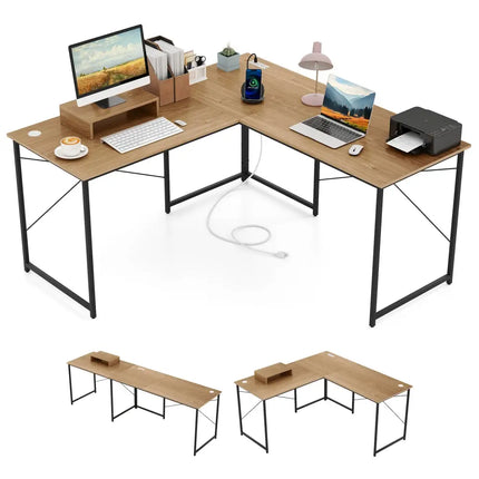 95 Inch 2-Person L-Shaped Long Reversible Computer Desk with Monitor Stand-Natural - Natural - L-Shaped Desks