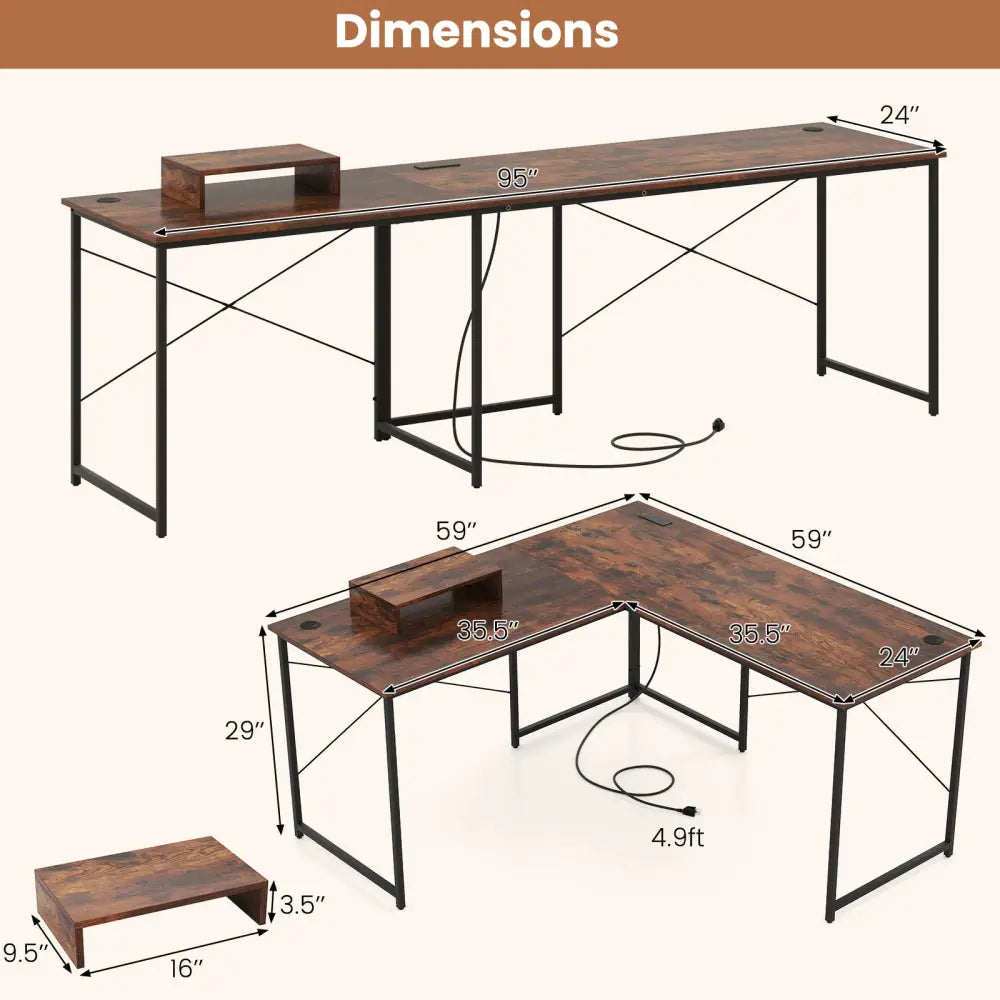95 Inch 2-Person L-Shaped Long Reversible Computer Desk with Monitor Stand-Rustic Brown - Rustic Brown - L-Shaped Desks
