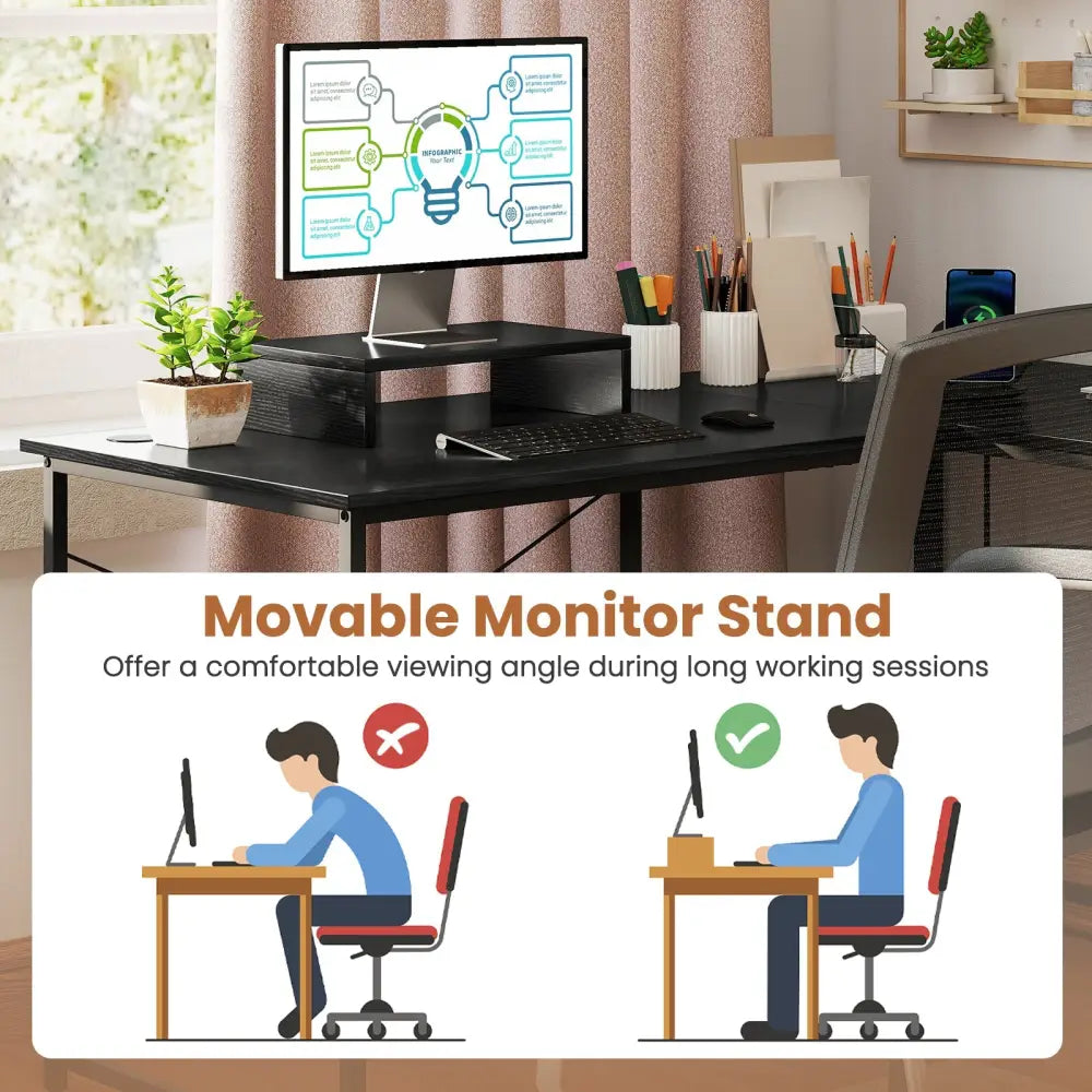 95 Inch 2-Person L-Shaped Long Reversible Computer Desk with Monitor Stand-Black - Black - L-Shaped Desks
