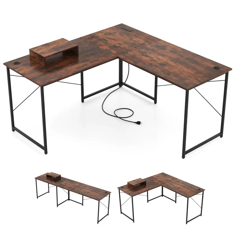 95 Inch 2-Person L-Shaped Long Reversible Computer Desk with Monitor Stand-Rustic Brown - Rustic Brown - L-Shaped Desks