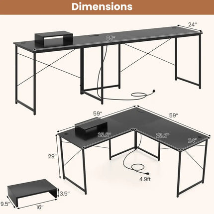 95 Inch 2-Person L-Shaped Long Reversible Computer Desk with Monitor Stand-Black - Black - L-Shaped Desks