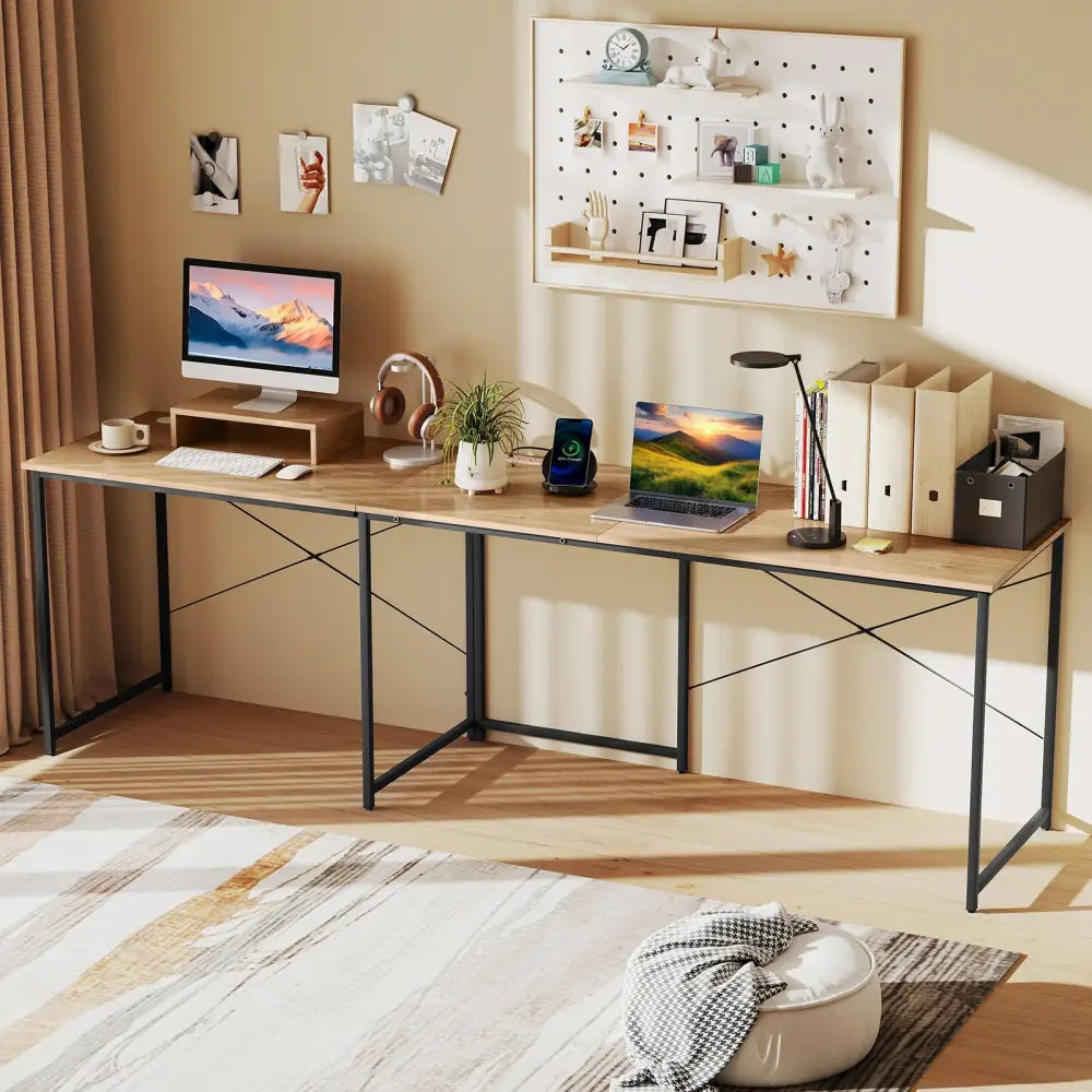 95 Inch 2-Person L-Shaped Long Reversible Computer Desk with Monitor Stand-Natural - Natural - L-Shaped Desks