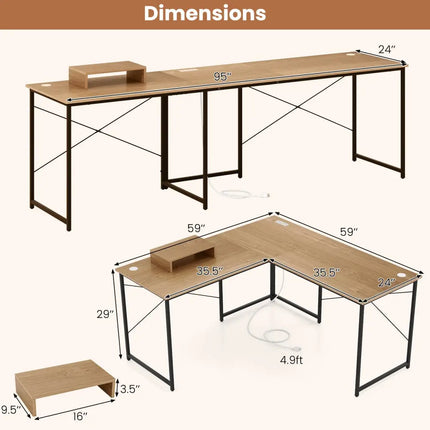 95 Inch 2-Person L-Shaped Long Reversible Computer Desk with Monitor Stand-Natural - Natural - L-Shaped Desks