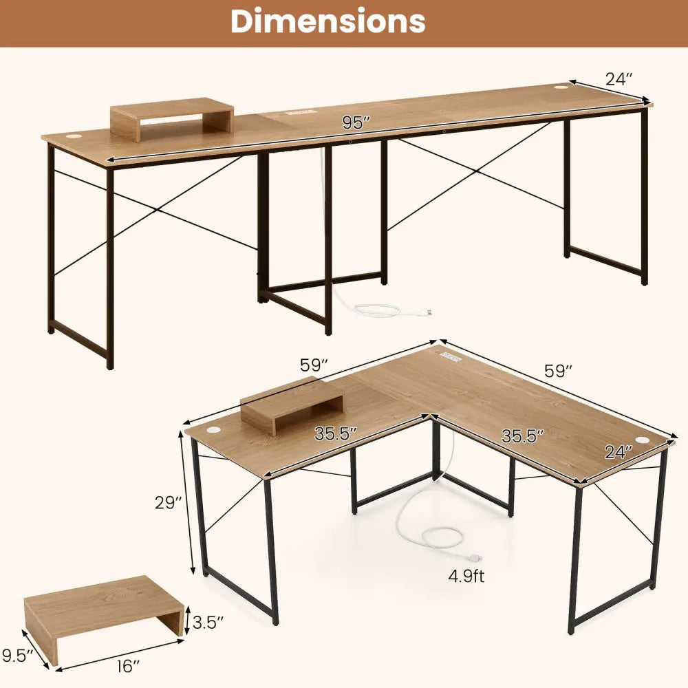 95 Inch 2-Person L-Shaped Long Reversible Computer Desk with Monitor Stand-Natural - Natural - L-Shaped Desks