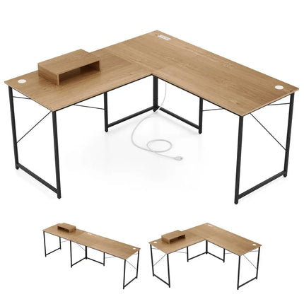 95 Inch 2-Person L-Shaped Long Reversible Computer Desk with Monitor Stand-Natural - Natural - L-Shaped Desks