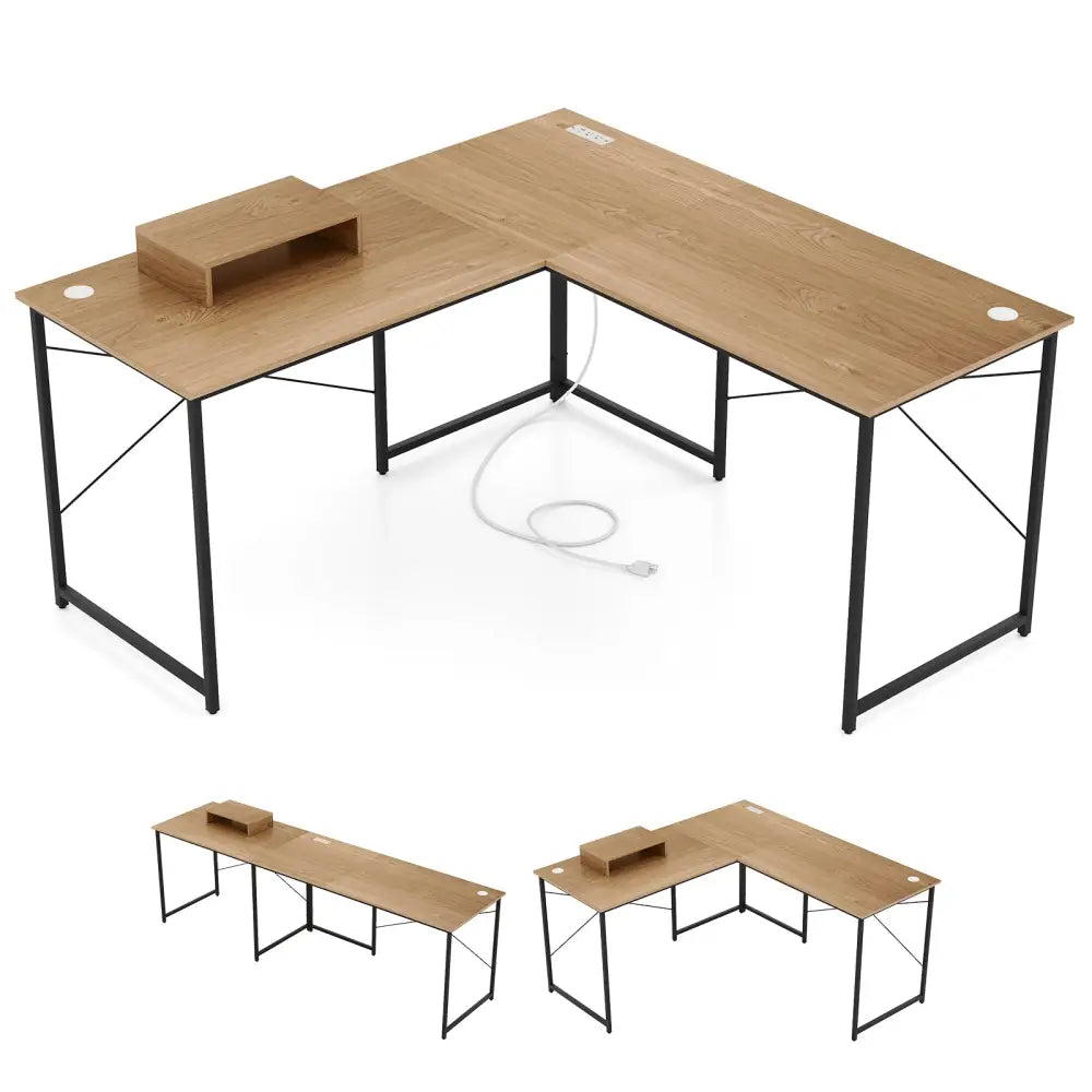 95 Inch 2-Person L-Shaped Long Reversible Computer Desk with Monitor Stand-Natural - Natural - L-Shaped Desks