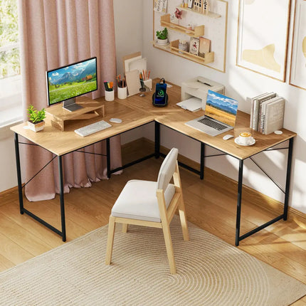 95 Inch 2-Person L-Shaped Long Reversible Computer Desk with Monitor Stand-Natural - Natural - L-Shaped Desks