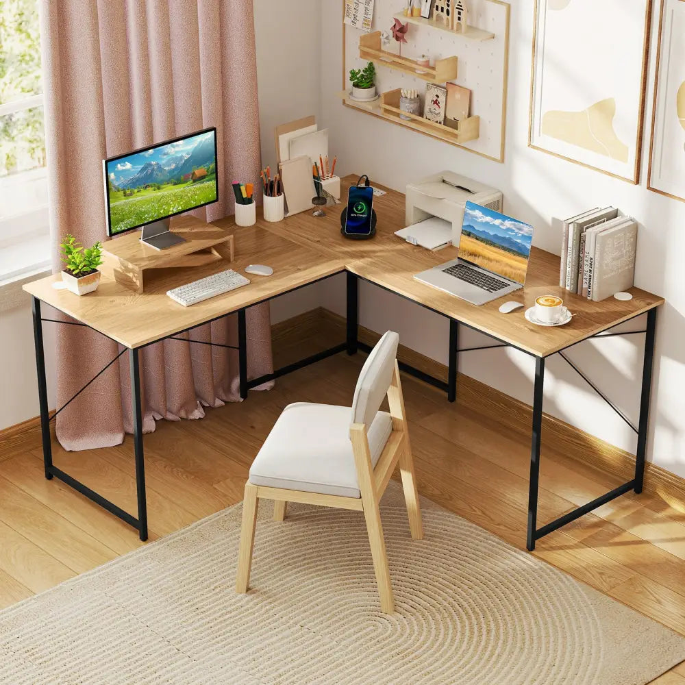 95 Inch 2-Person L-Shaped Long Reversible Computer Desk with Monitor Stand-Natural - Natural - L-Shaped Desks