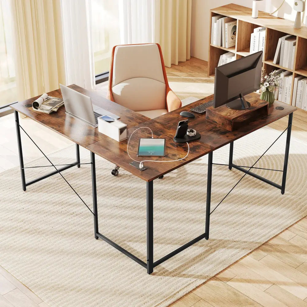95 Inch 2-Person L-Shaped Long Reversible Computer Desk with Monitor Stand-Rustic Brown - Rustic Brown - L-Shaped Desks