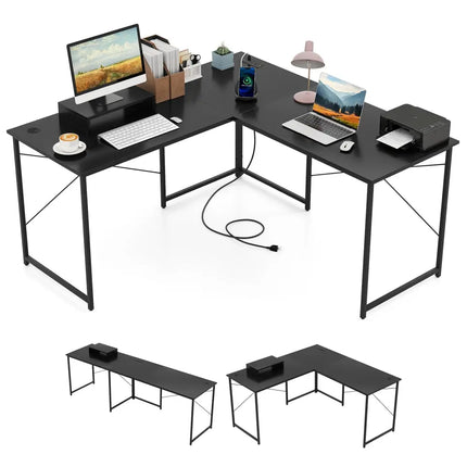 95 Inch 2-Person L-Shaped Long Reversible Computer Desk with Monitor Stand-Black - Black - L-Shaped Desks