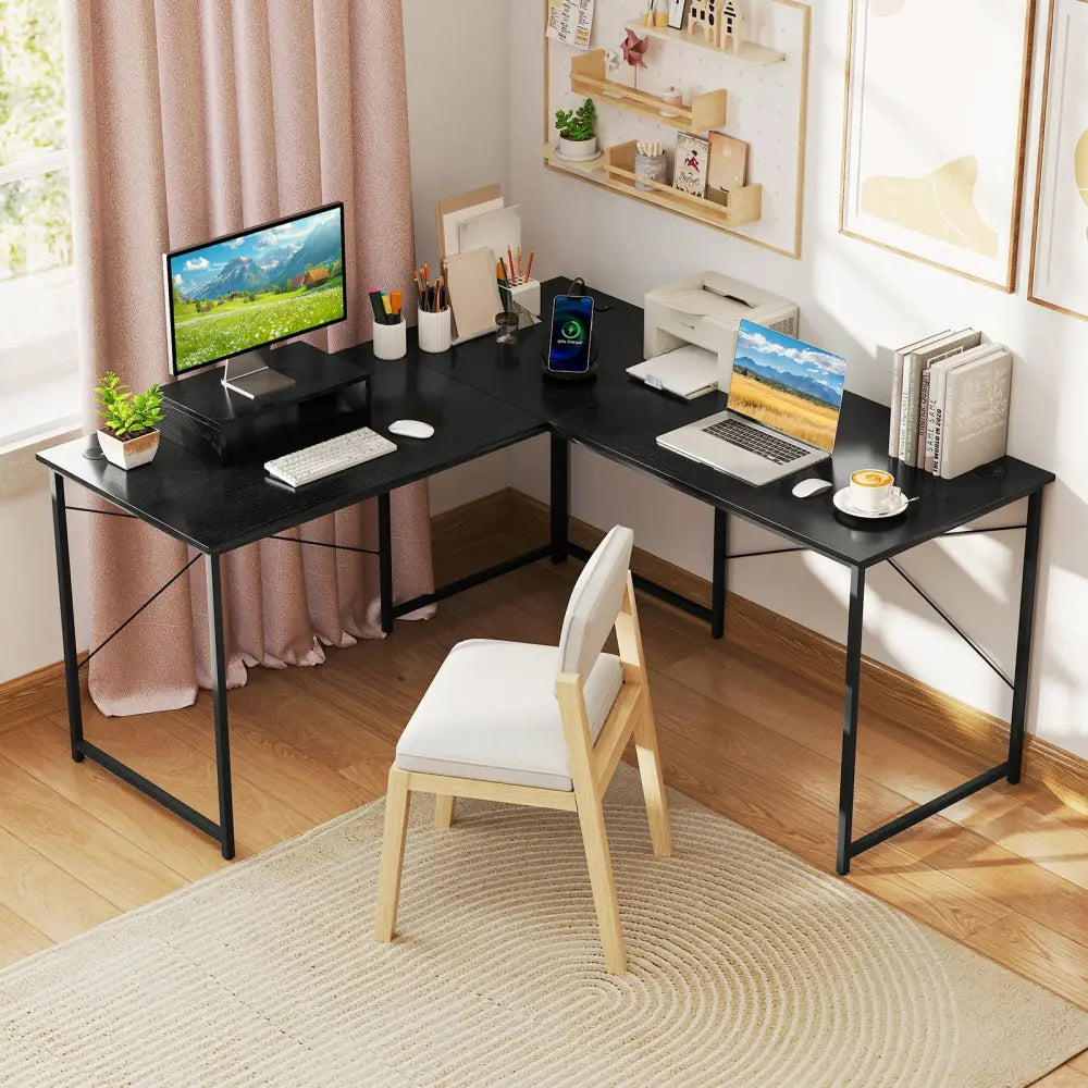 95 Inch 2-Person L-Shaped Long Reversible Computer Desk with Monitor Stand-Black - Black - L-Shaped Desks