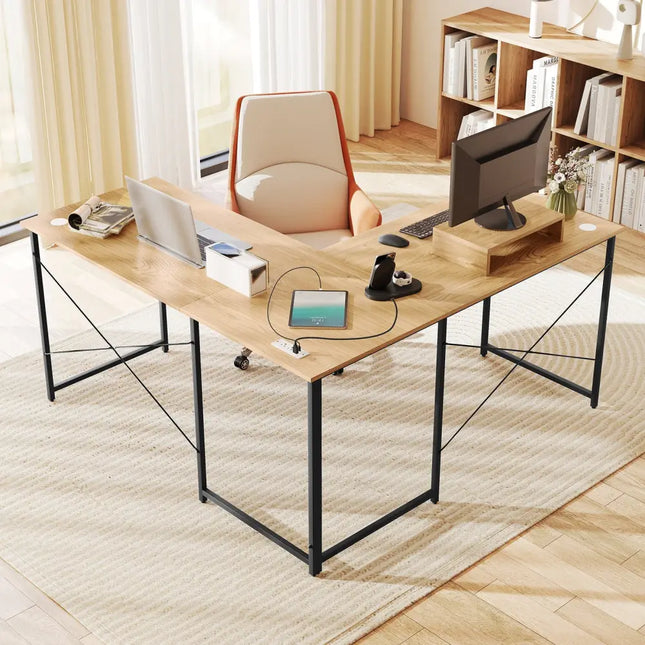 95 Inch 2-Person L-Shaped Long Reversible Computer Desk with Monitor Stand-Natural - Natural - L-Shaped Desks