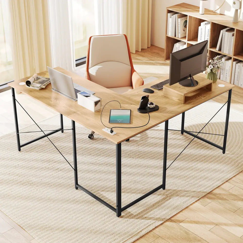 95 Inch 2-Person L-Shaped Long Reversible Computer Desk with Monitor Stand-Natural - Natural - L-Shaped Desks