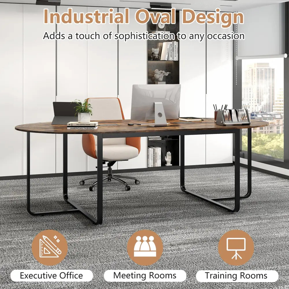 95 Inches Oval Conference Industrial Executive Table with Dual Cable Holes-Rustic Brown - Rustic Brown - Standing Desks