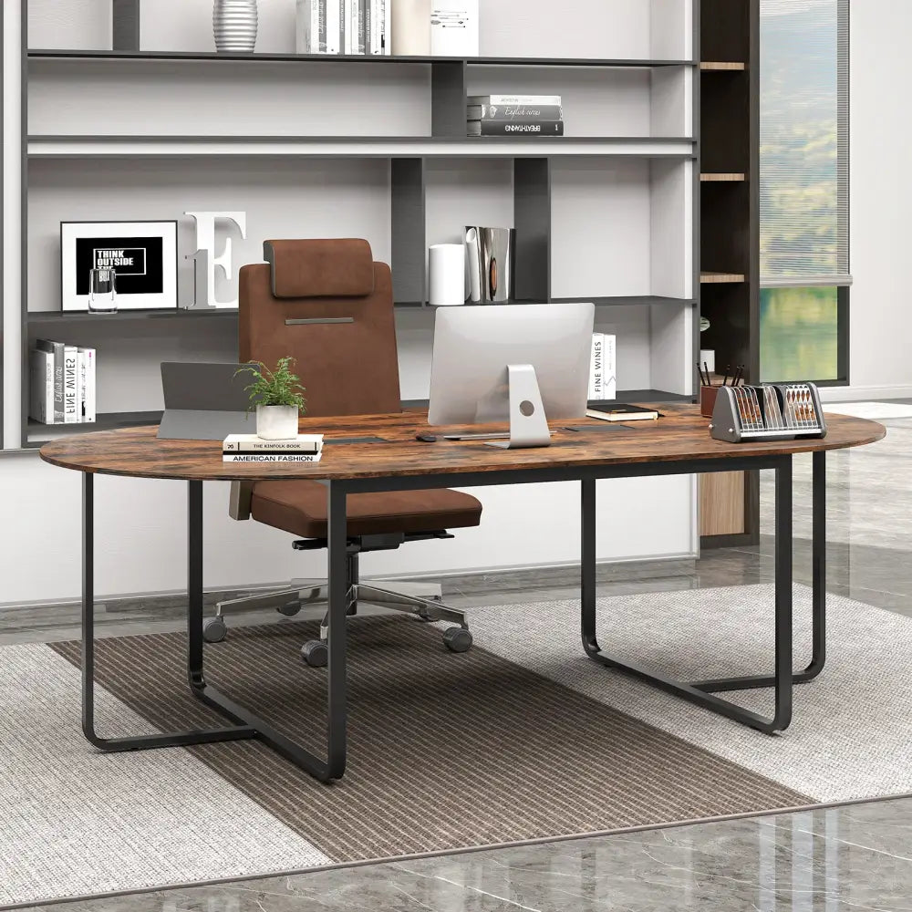 95 Inches Oval Conference Industrial Executive Table with Dual Cable Holes-Rustic Brown - Rustic Brown - Standing Desks