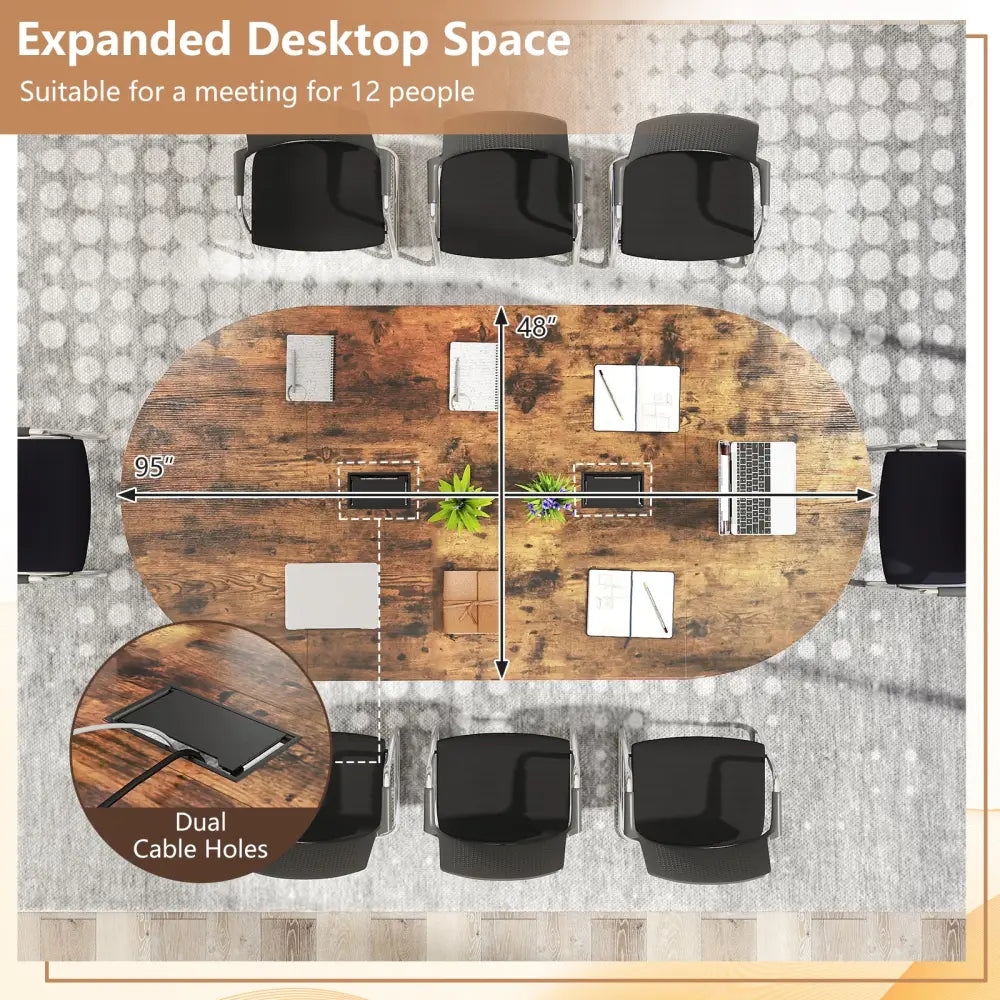 95 Inches Oval Conference Industrial Executive Table with Dual Cable Holes-Rustic Brown - Rustic Brown - Standing Desks