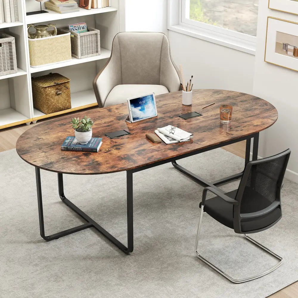 95 Inches Oval Conference Industrial Executive Table with Dual Cable Holes-Rustic Brown - Rustic Brown - Standing Desks