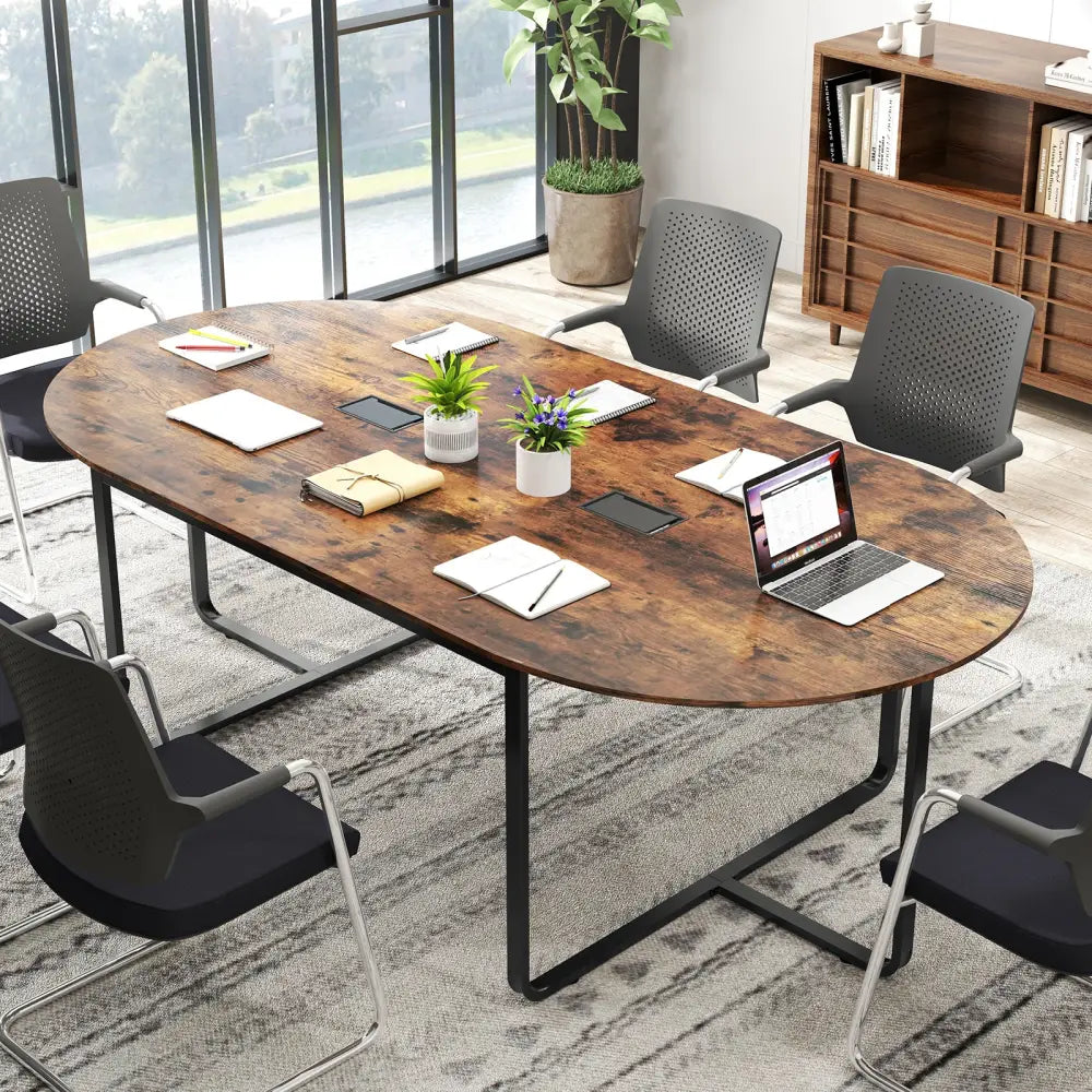 95 Inches Oval Conference Industrial Executive Table with Dual Cable Holes-Rustic Brown - Rustic Brown - Standing Desks